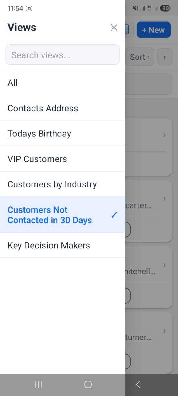 OpenCRMApp — Views panel listing All, VIP Customers, Not Contacted in 30 Days and other vtiger saved views