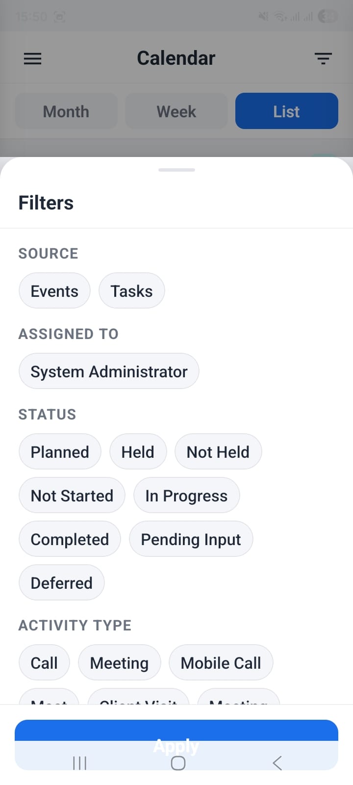 OpenCRMApp Calendar advanced filter panel with Source, Assigned To, Status, and Activity Type filter options