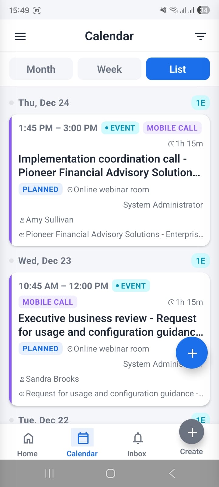 OpenCRMApp Calendar Agenda view showing a chronological list of events and tasks with type icons, times, and statuses