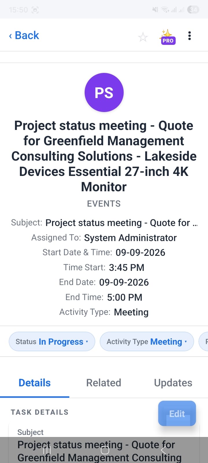OpenCRMApp activity detail view showing event fields including status, priority, start time, and related record links