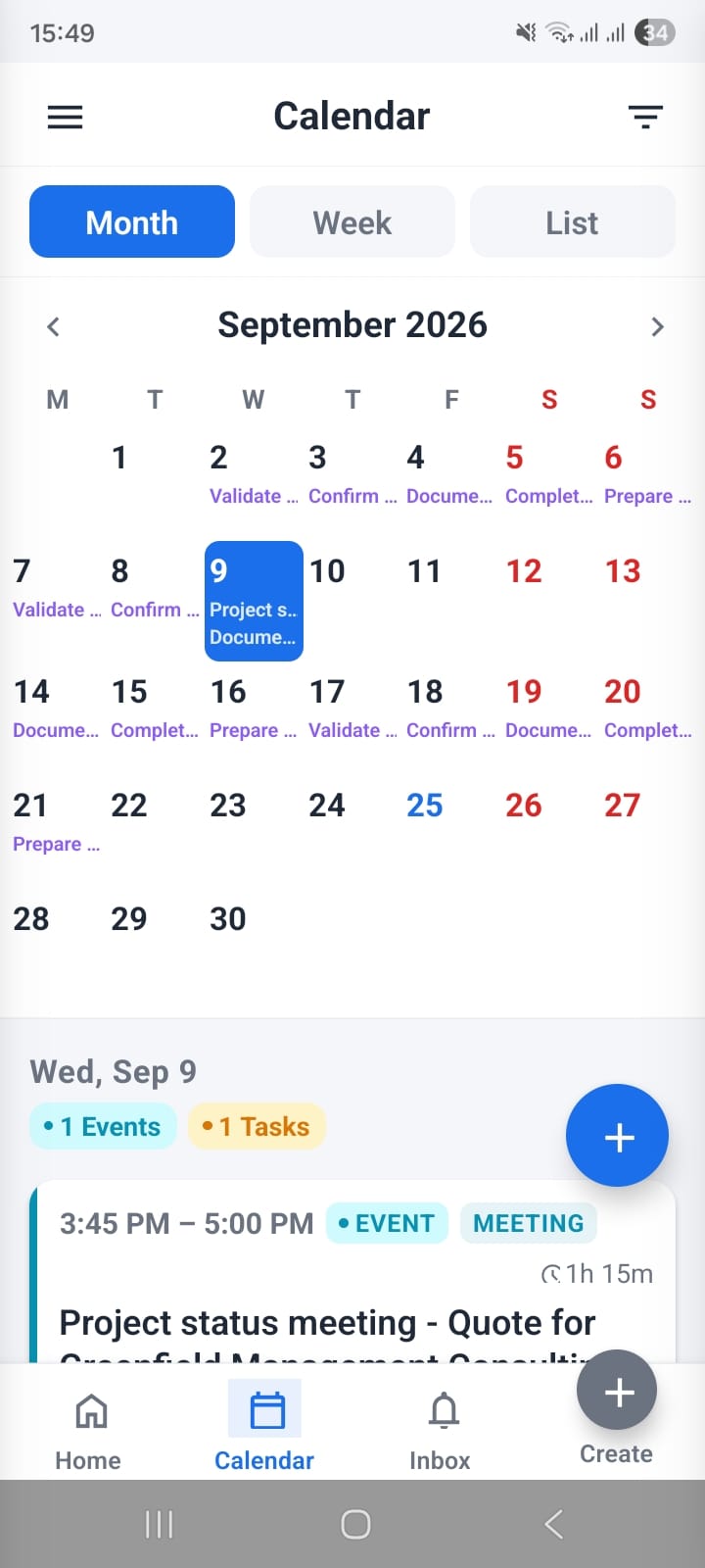 OpenCRMApp Calendar Month view showing a monthly grid with event and task indicators on each day