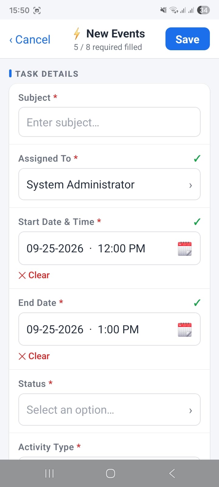 OpenCRMApp new event creation form showing the required-field counter '5 / 8 required filled' in the header