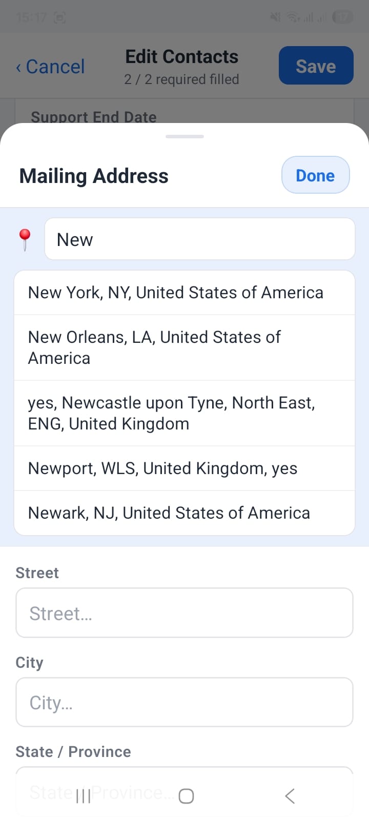 OpenCRMApp address autocomplete showing map pin icon next to address field in contact form