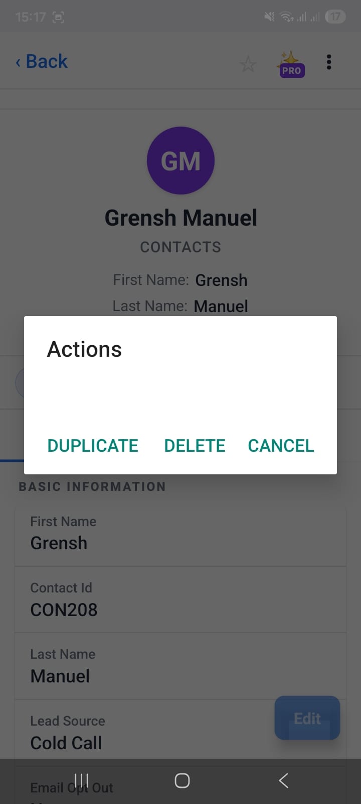 OpenCRMApp contact action menu showing Duplicate and Delete options with a confirmation dialog