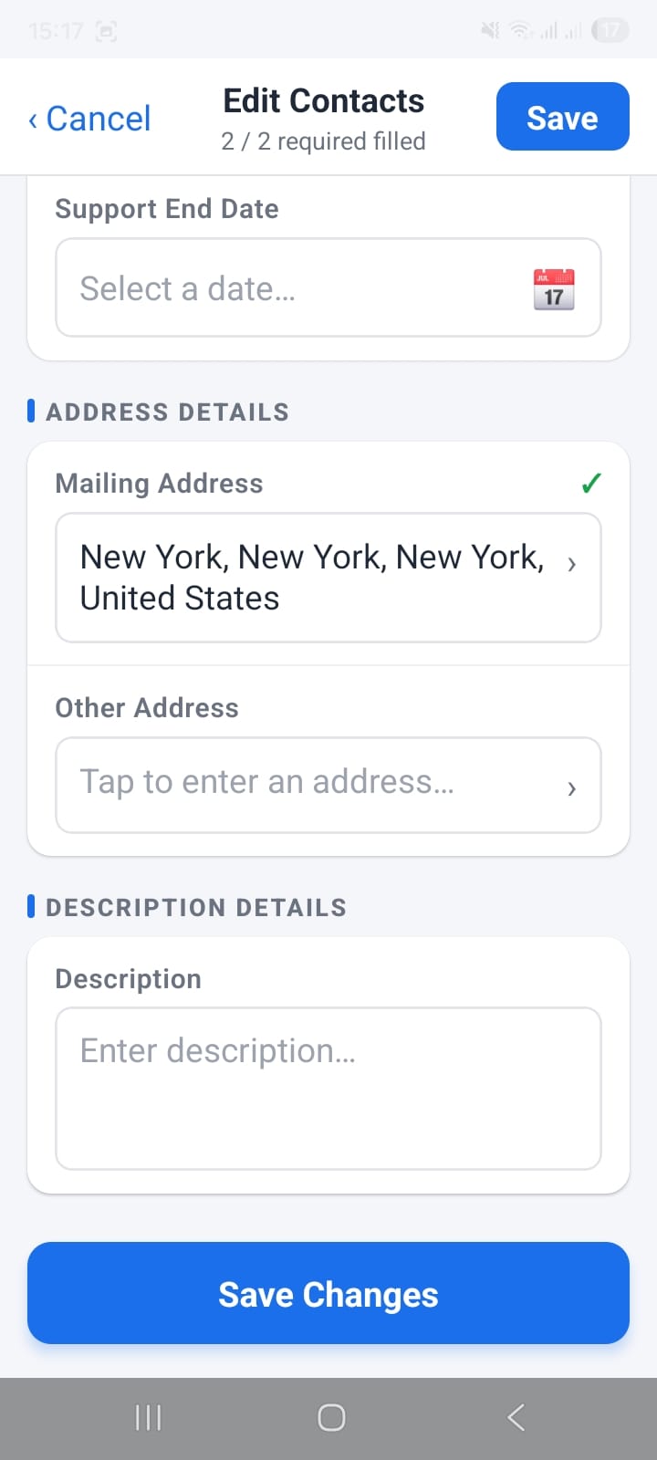 OpenCRMApp contact edit form showing field groups — Basic Info, Address — with required field counter in the header