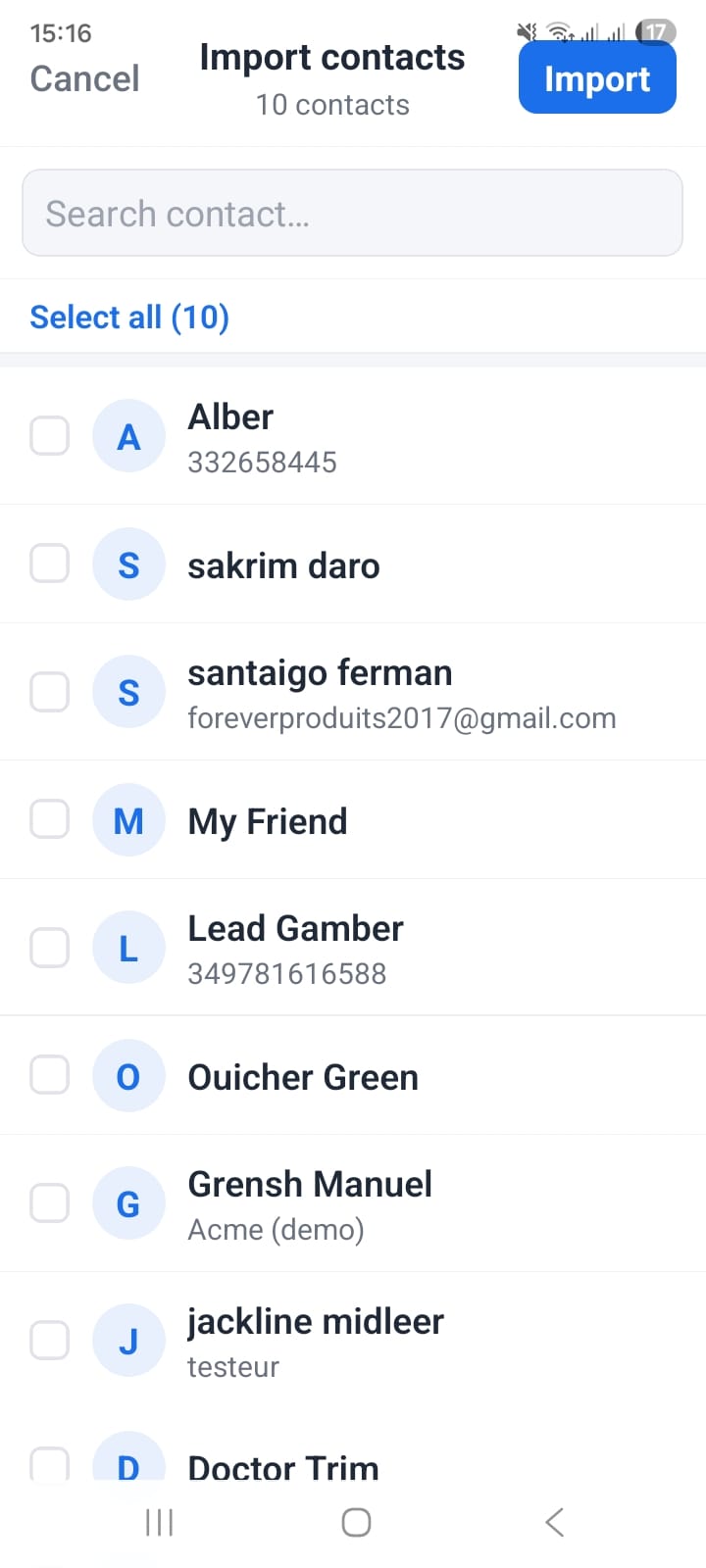 OpenCRMApp import contacts screen showing a list of device contacts with checkboxes