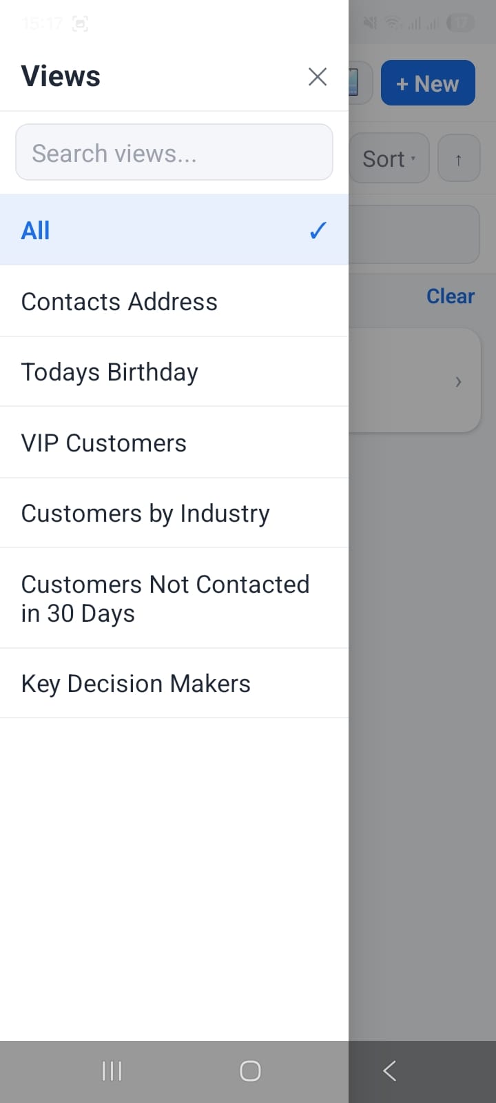 OpenCRMApp Contacts list showing saved view tabs — All Contacts, My Contacts, Recently Modified — with contact rows and action buttons