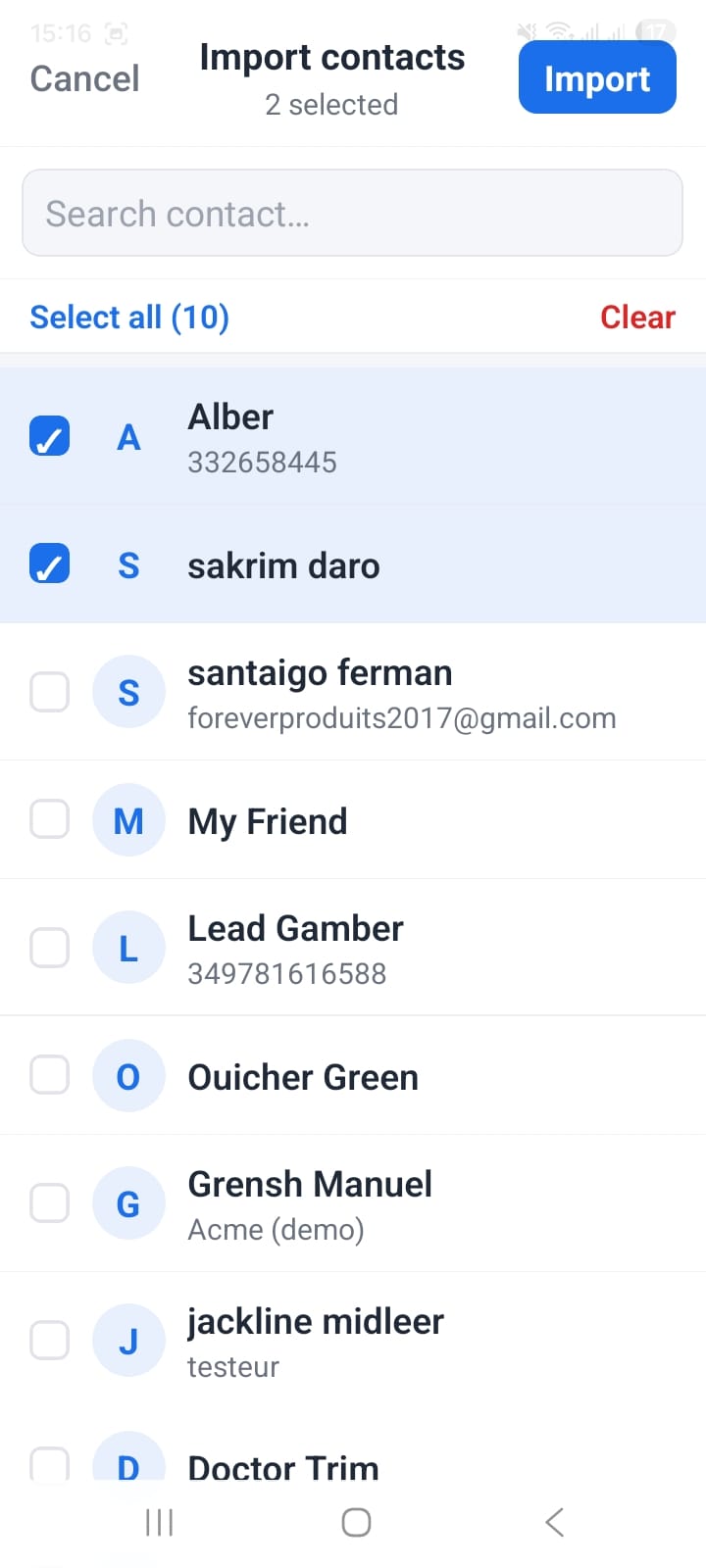 OpenCRMApp multi-select import panel offering both device contacts and Gmail account as import sources