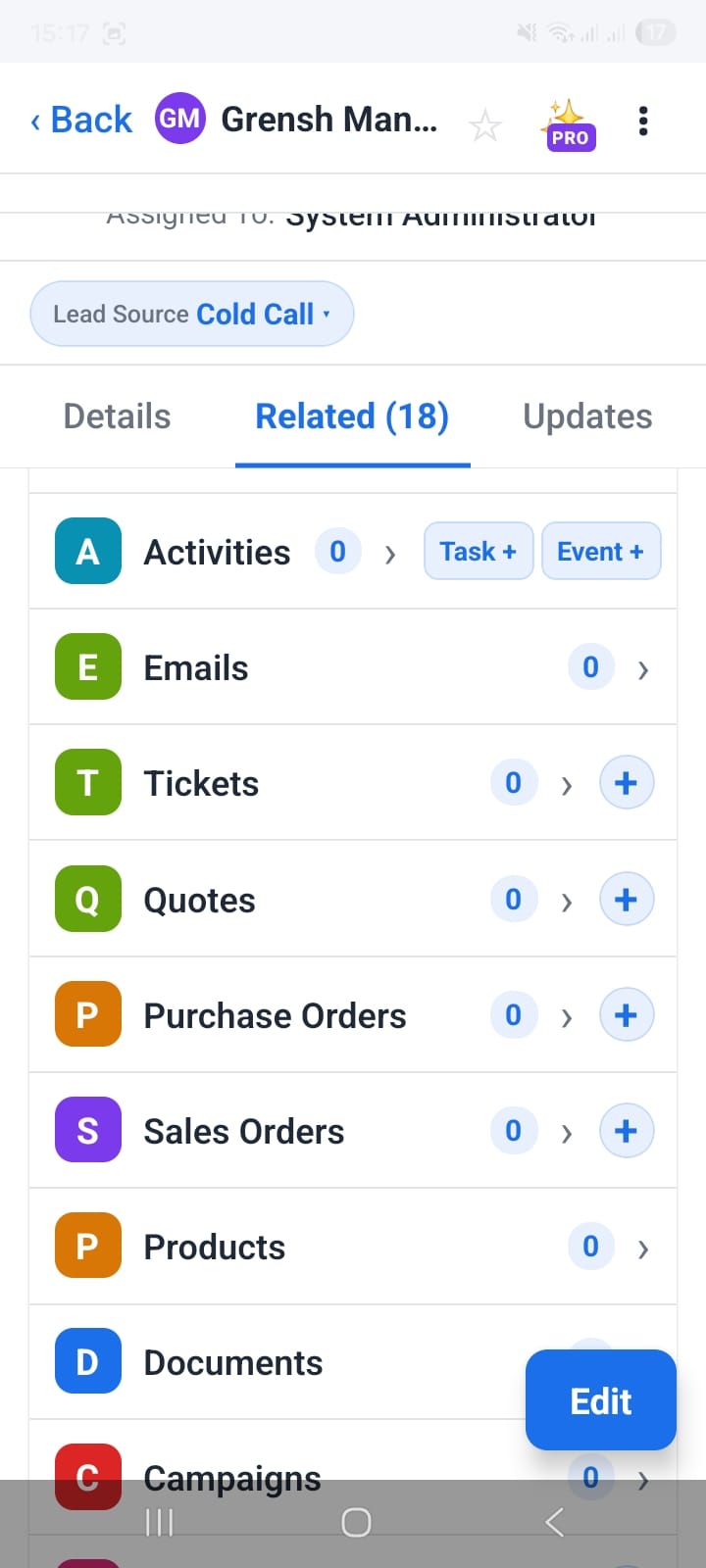OpenCRMApp contact Related tab showing 18 linked modules including Activities, Tickets, Potentials, and Documents
