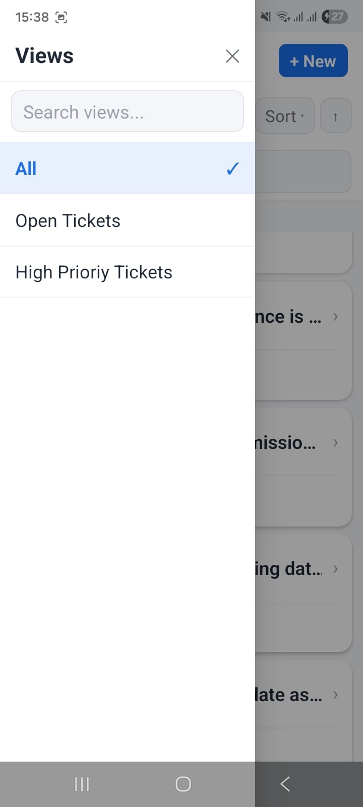 OpenCRMApp HelpDesk ticket list with All Tickets, Open Tickets, and High Priority view tabs at the top