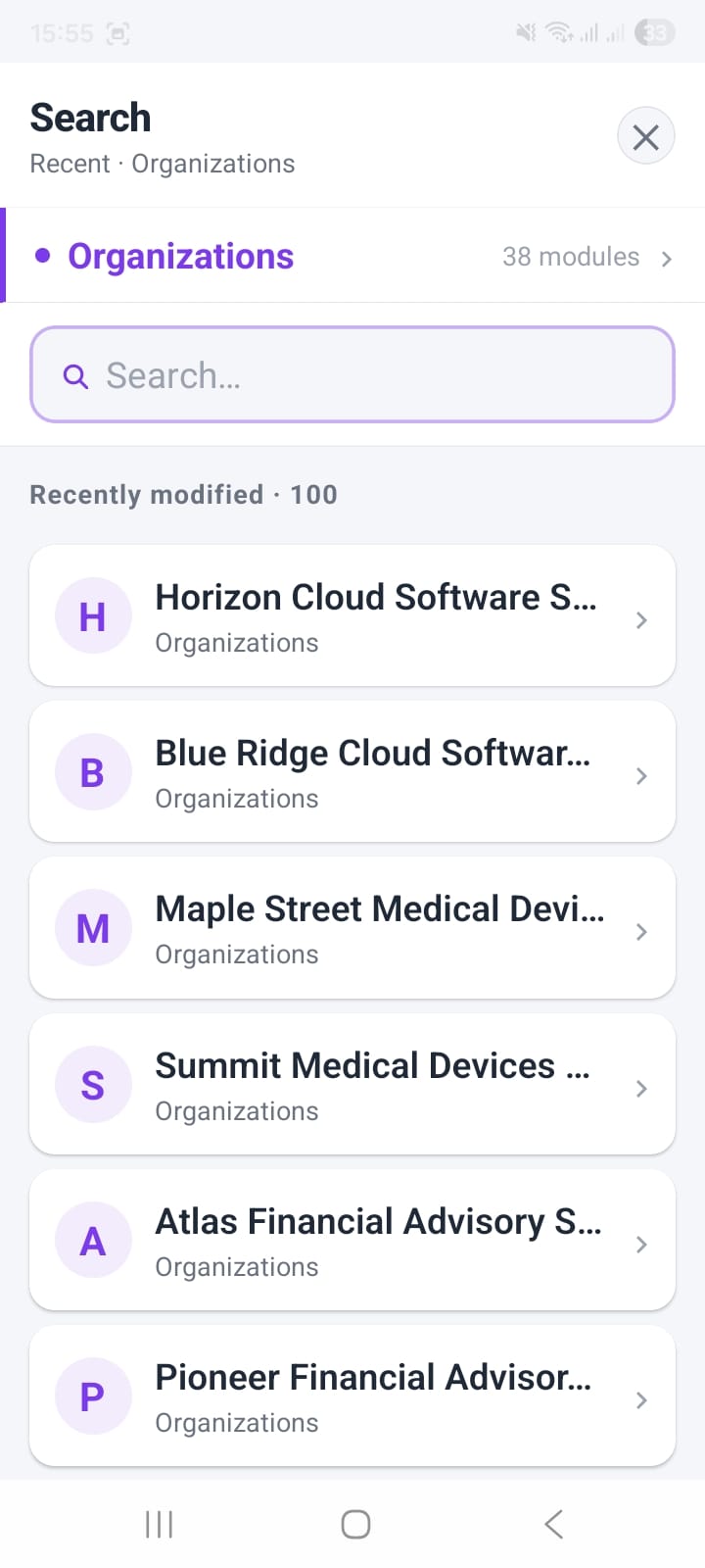 OpenCRMApp Global Search screen showing Organizations as the active module scope with 38 modules link, empty search bar, and Recently modified 100 records list including Horizon Cloud Software, Blue Ridge Cloud Software, Maple Street Medical Devices, Summit Medical Devices, Atlas Financial Advisory, Pioneer Financial Advisory — all Organizations