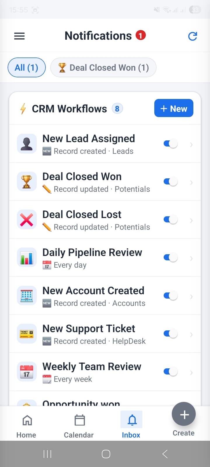 OpenCRMApp Notifications inbox showing 1 unread notification, filter tabs All (1) and Deal Closed Won (1), CRM Workflows section with 8 workflows listed including New Lead Assigned, Deal Closed Won, Deal Closed Lost, Daily Pipeline Review, New Account Created, New Support Ticket, Weekly Team Review — all with blue toggle switches active