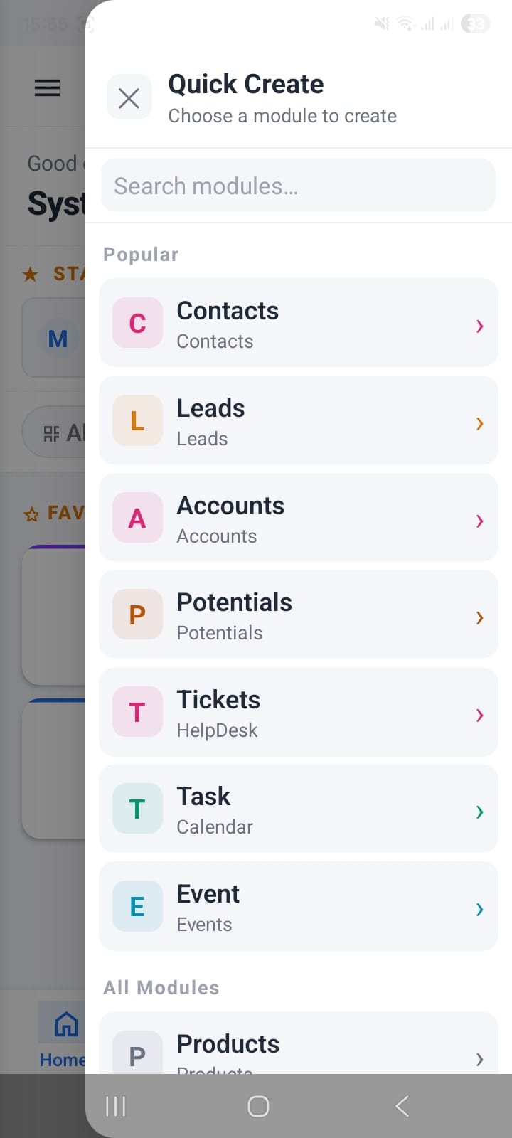 OpenCRMApp Quick Create panel showing Popular section with Contacts, Leads, Accounts, Potentials, Tickets (HelpDesk), Task (Calendar), Event (Events), and All Modules section beginning with Products — Search modules bar at top