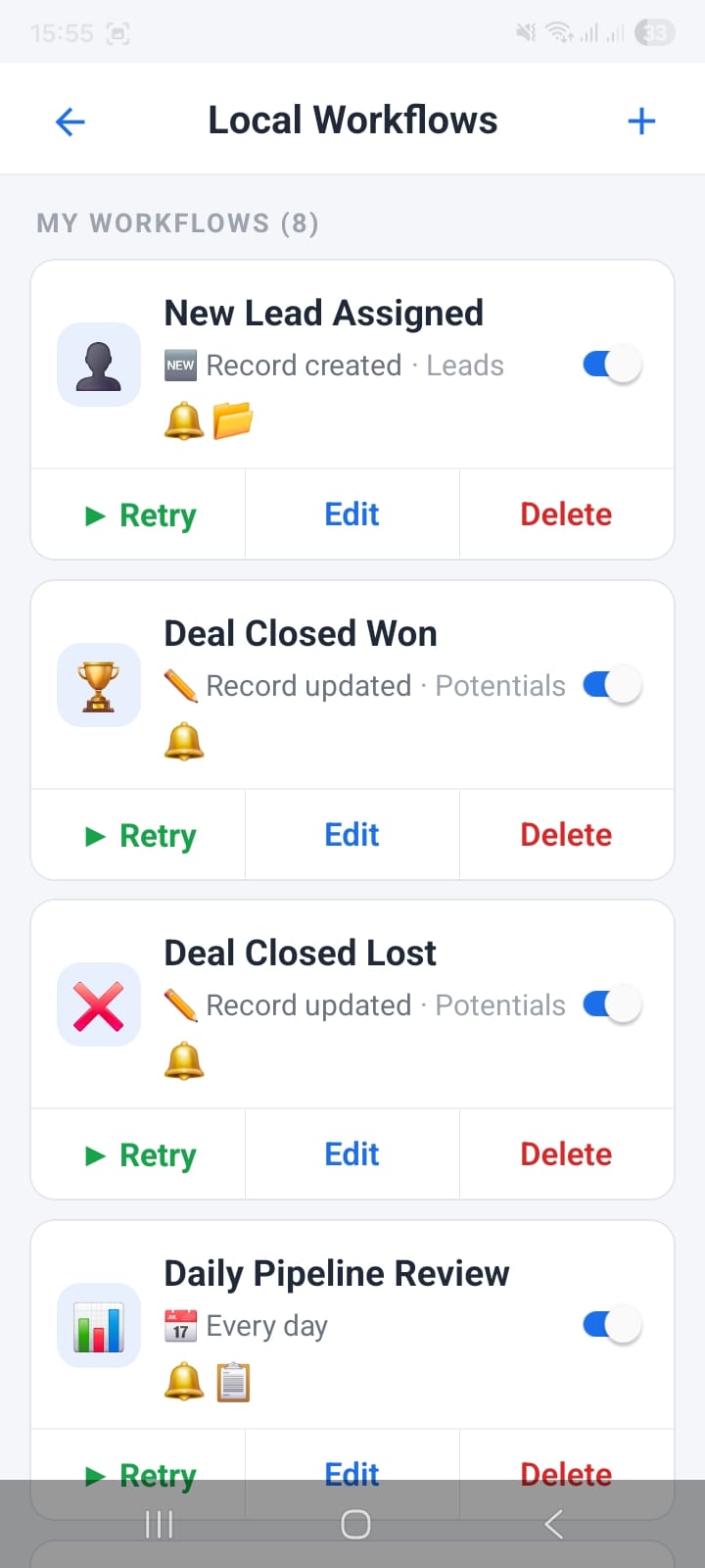 OpenCRMApp Local Workflows screen showing MY WORKFLOWS (8) with four workflow cards visible: New Lead Assigned (Record created Leads, toggle ON, bell and folder icons, Retry/Edit/Delete), Deal Closed Won (Record updated Potentials, toggle ON, bell icon), Deal Closed Lost (Record updated Potentials, toggle ON, bell icon), Daily Pipeline Review (Every day, toggle ON, bell and clipboard icons)