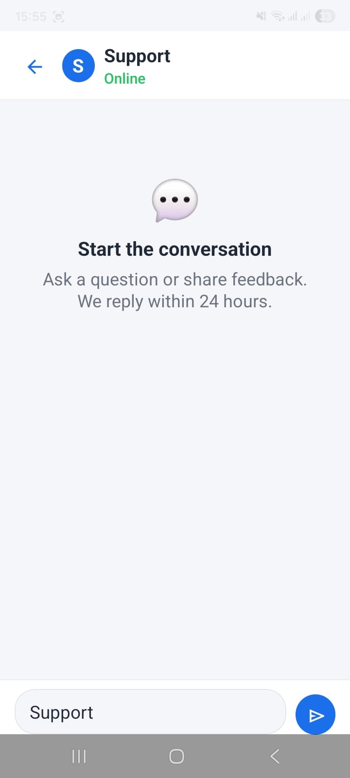 OpenCRMApp in-app support chat screen showing Support header with blue S avatar and Online status in green, Start the conversation prompt with message Ask a question or share feedback, We reply within 24 hours, text input field with Support placeholder and blue send button