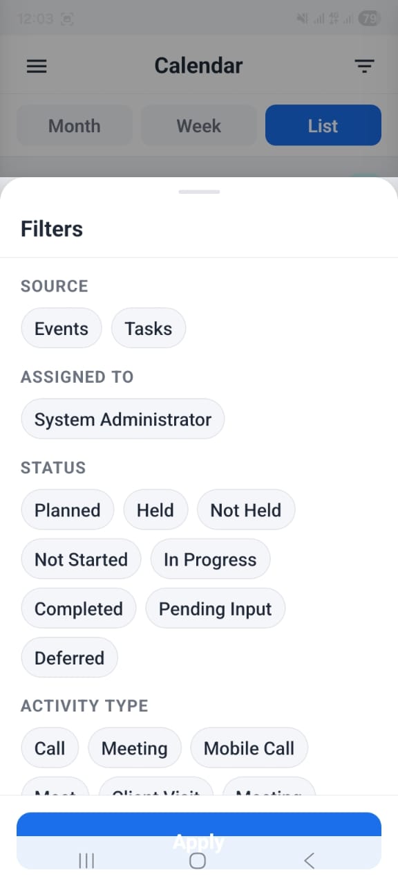 OpenCRMApp — Calendar event filter panel to show only specific activity types