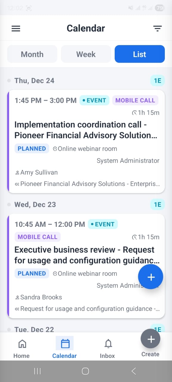 OpenCRMApp — Agenda timeline showing upcoming activities listed chronologically