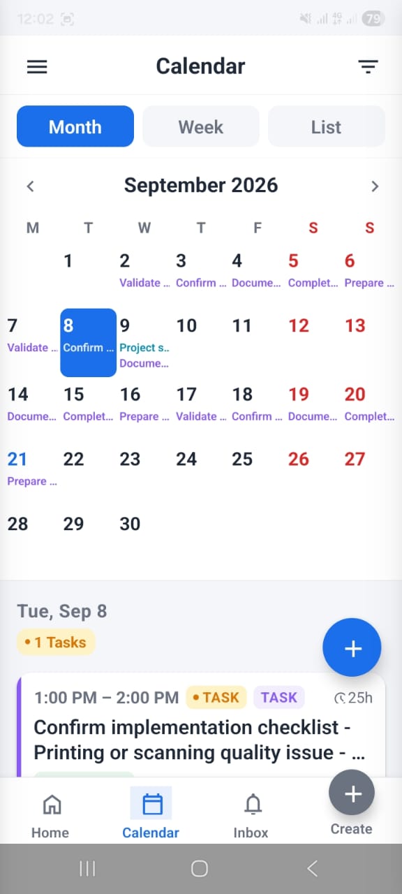 OpenCRMApp — Calendar month view with activity dots on scheduled days