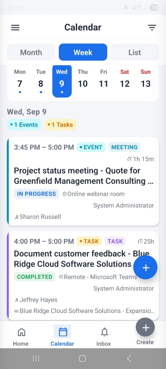 OpenCRMApp — Calendar week view showing time-slot grid with scheduled events