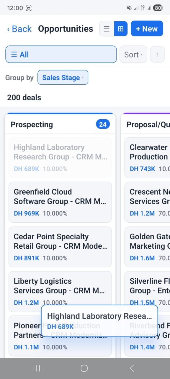 OpenCRMApp — Kanban board showing Opportunities grouped by sales stage with deal amounts