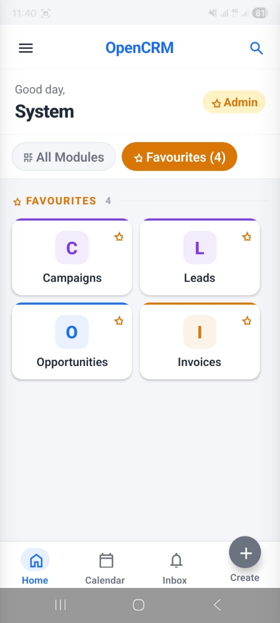OpenCRMApp — Home screen Favourites tab showing 4 starred modules