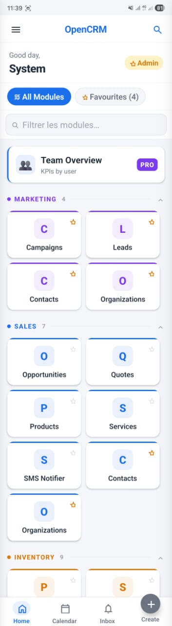 OpenCRMApp — Home screen All Modules tab showing Marketing, Sales, Inventory categories