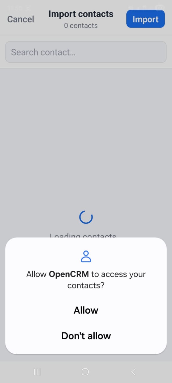 OpenCRMApp — Import contacts screen showing the system permission dialog asking to allow contacts access