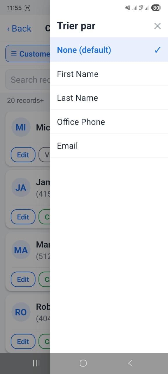 OpenCRMApp — Sort panel with options: None, First Name, Last Name, Office Phone, Email