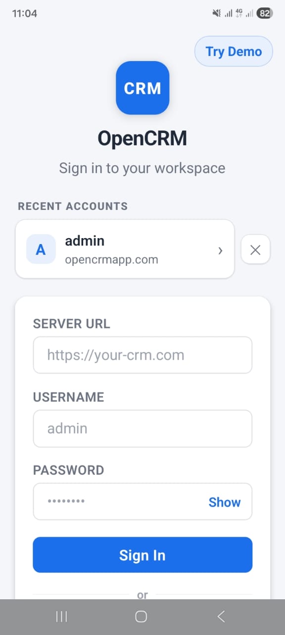 OpenCRMApp — Login screen with server URL, username, access key fields and Try Demo button