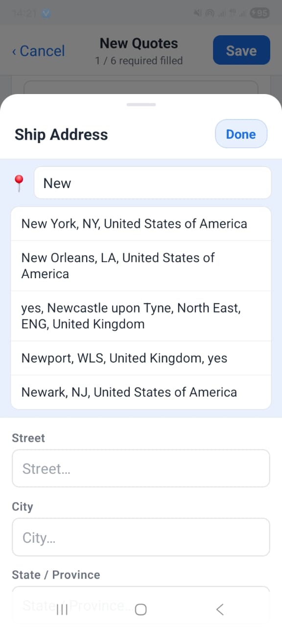 OpenCRMApp — Ship Address autocomplete picker showing search field with suggestions for New York, New Orleans, Newcastle, Newport and Newark