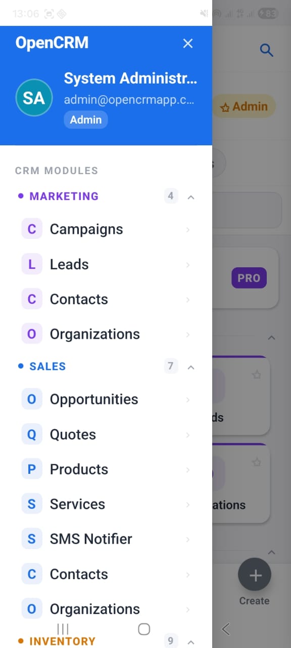 OpenCRMApp — Side drawer menu showing user profile and CRM modules grouped by category
