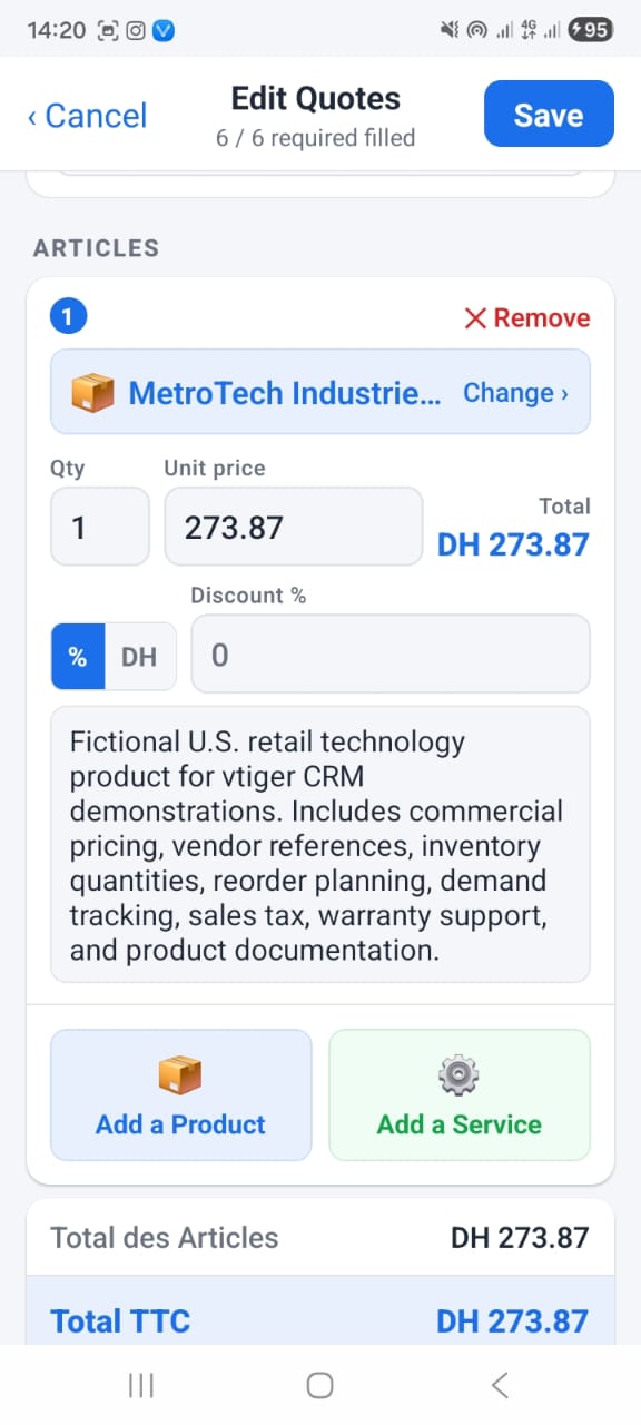 OpenCRMApp — Edit Quotes ARTICLES section showing a product line item with Qty, Unit price, Discount toggle and Add a Product / Add a Service buttons