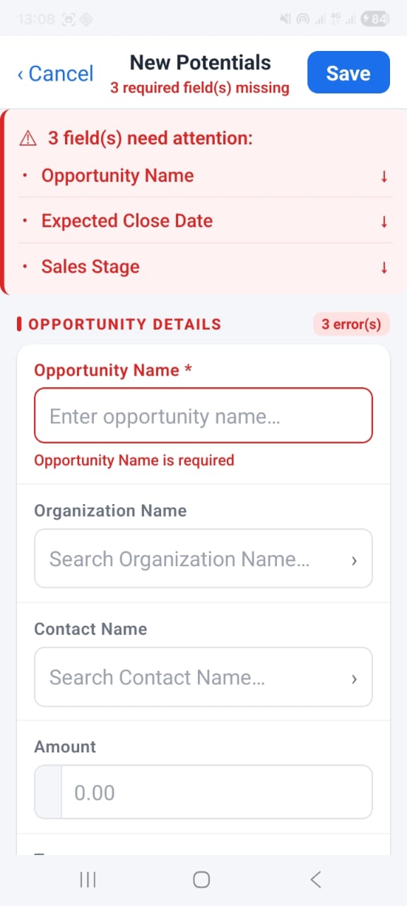 OpenCRMApp — New Potentials form showing 3 required fields missing banner with Opportunity Name, Expected Close Date and Sales Stage listed as jump-to links