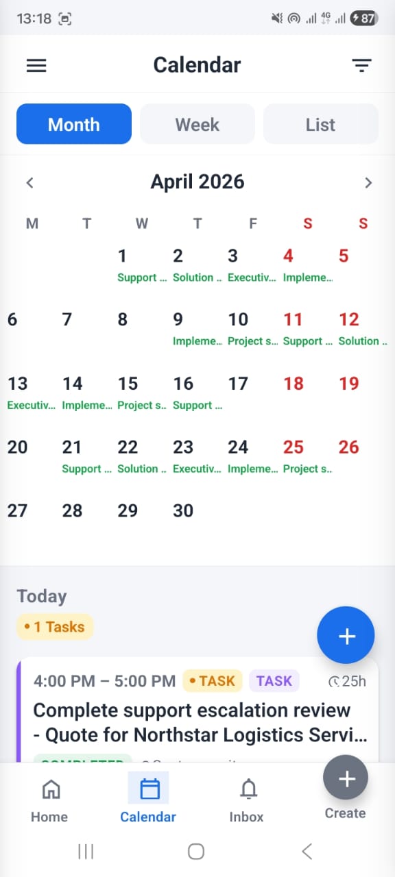 OpenCRMApp — Month calendar view with CRM activities