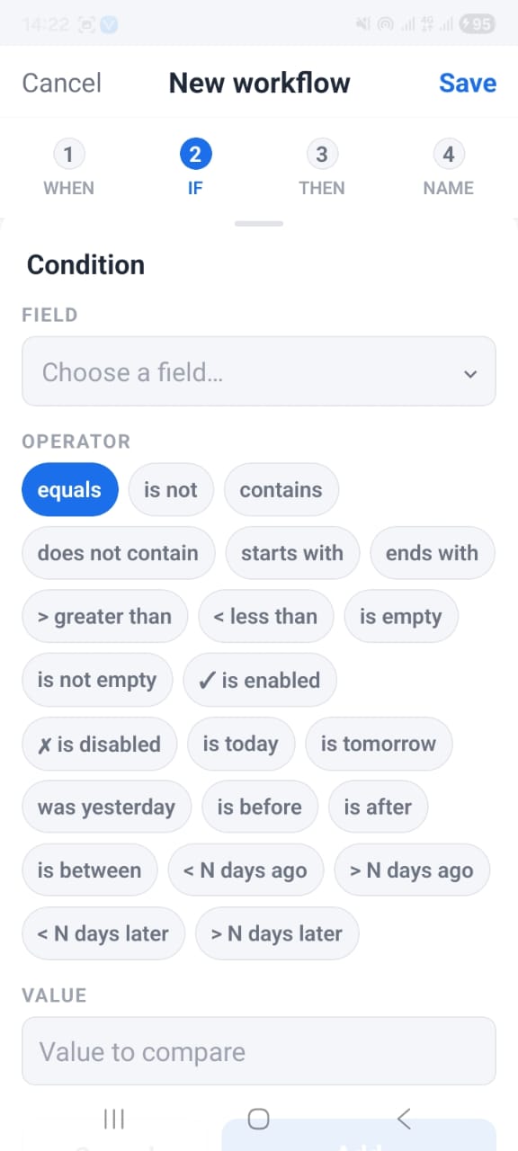 OpenCRMApp — Workflow IF step showing field picker and full operator pill grid
