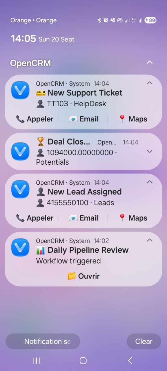 OpenCRMApp — Notification inbox showing CRM reminders for leads, visits, and tickets