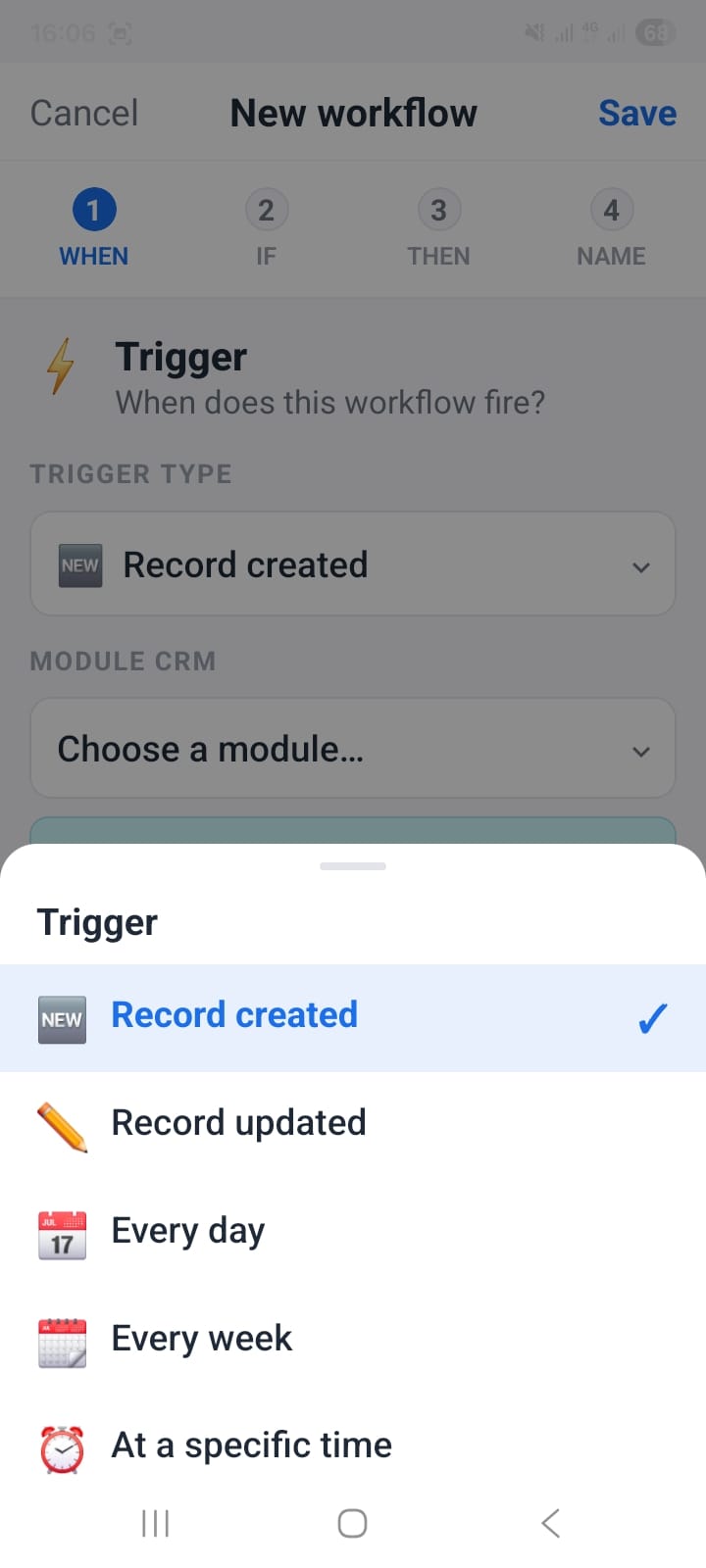 Workflow trigger type picker showing Record created, Record updated, Every day, Every week, At a specific time