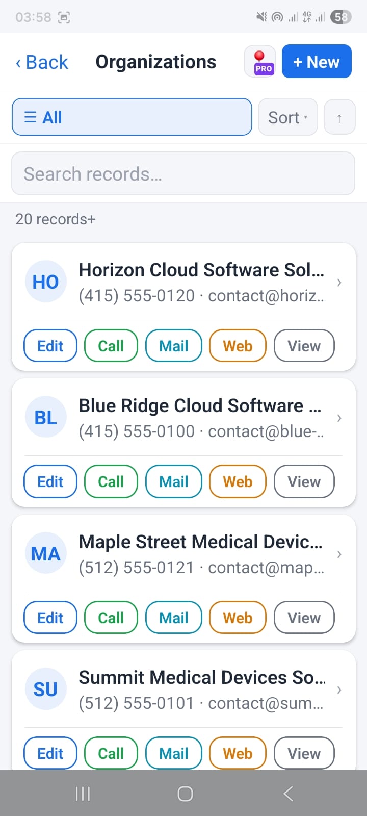 OpenCRMApp Organizations list showing Edit, Call, Email, Website, and View action icons to the right of each record row