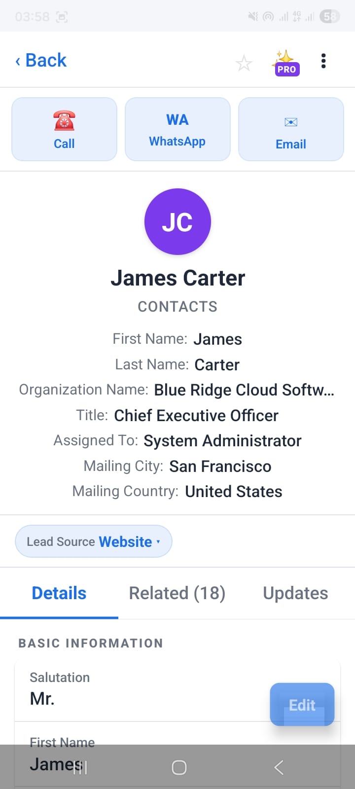 OpenCRMApp contact detail for James Carter showing Call, WhatsApp, and Email buttons in the header