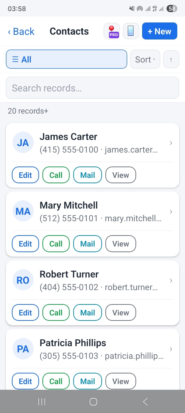OpenCRMApp Contacts list showing Edit, Call, Mail, and View action icons to the right of each contact row