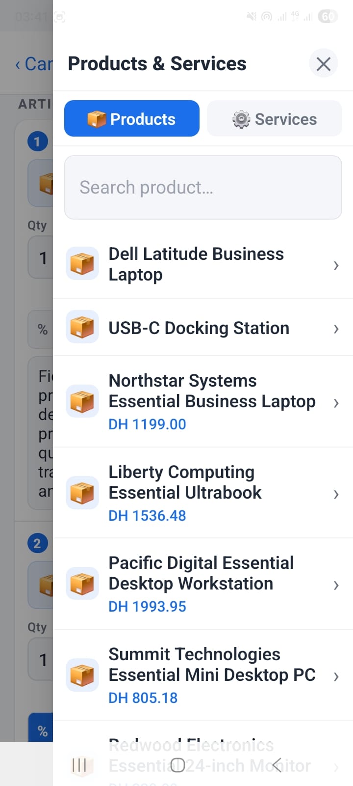OpenCRMApp Products and Services panel showing the Products tab with items like Dell Latitude, USB-C Docking Station, and laptop models with DH prices