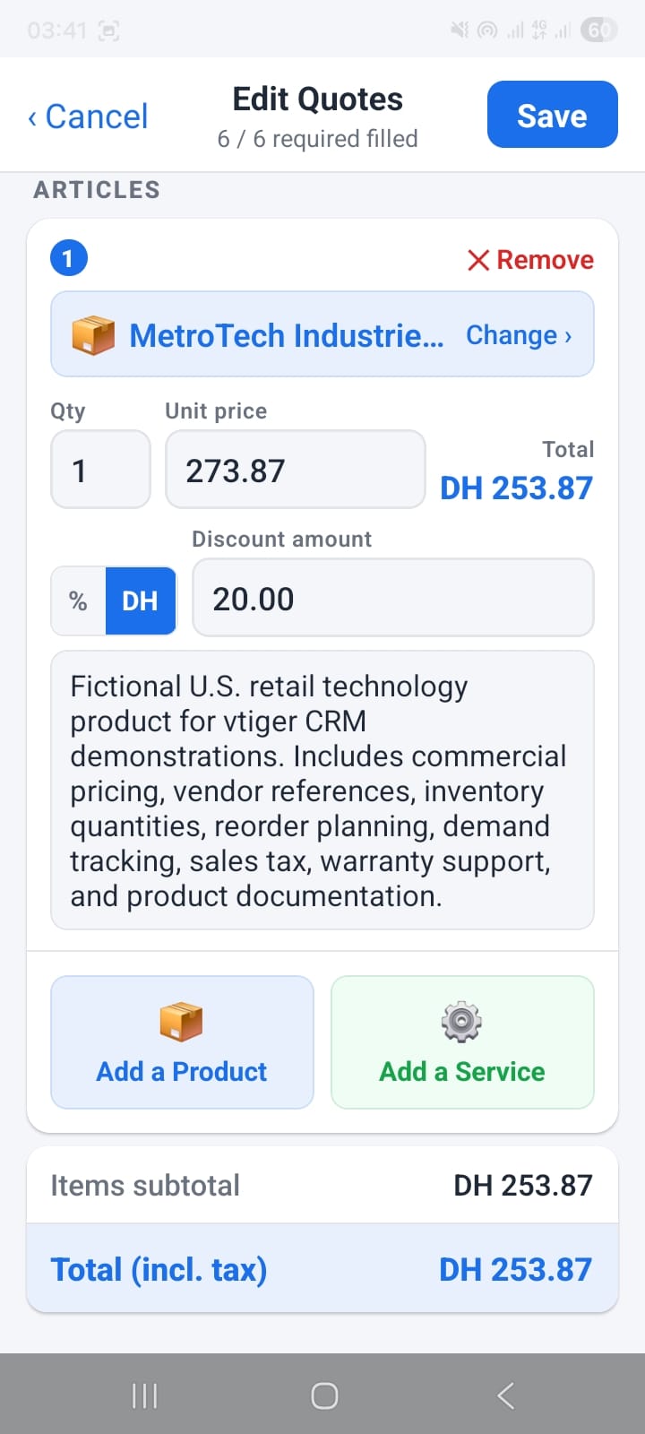 OpenCRMApp edit Quotes screen showing product line items with Qty, Unit Price, Discount, and Total columns; 6/6 required fields filled