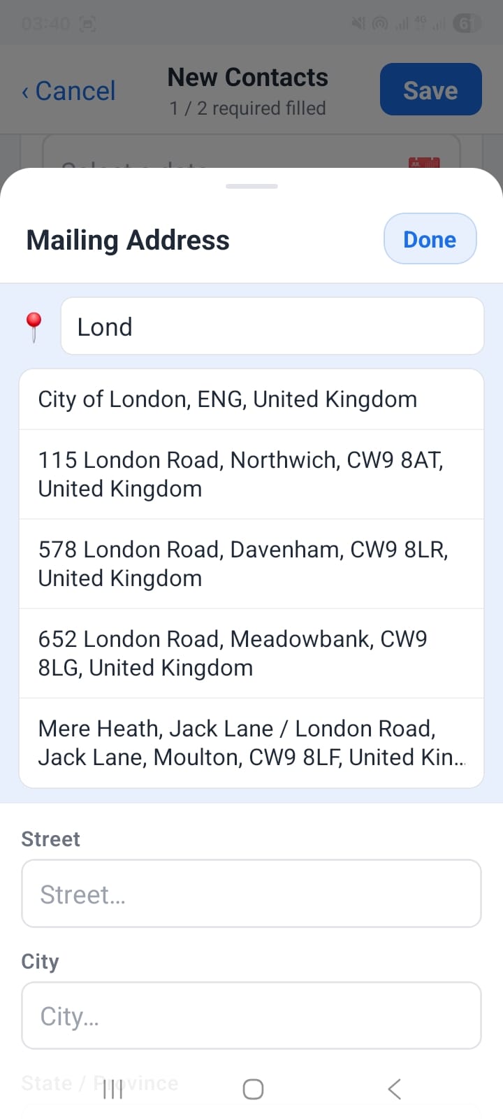 OpenCRMApp Mailing Address sheet with 'Lond' typed in the search bar and five London-area suggestions listed below