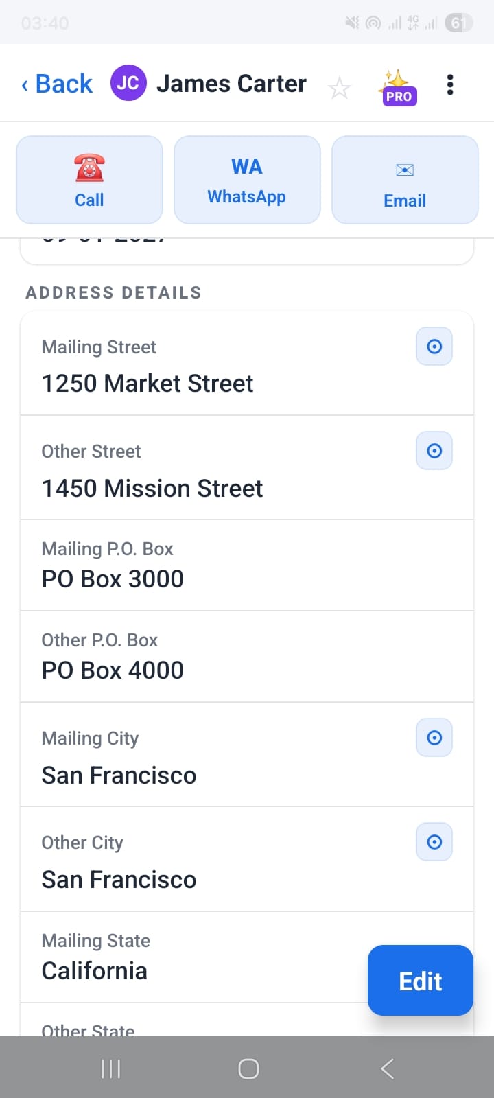 OpenCRMApp contact address section showing a map-pin button next to the Mailing Street field for 1250 Market Street, San Francisco CA