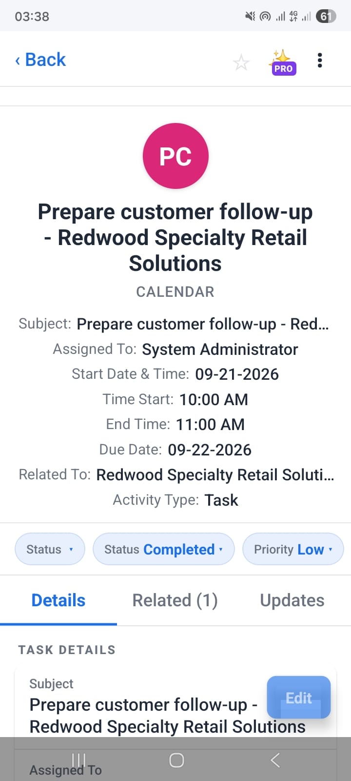 OpenCRMApp task detail view showing a 'Prepare customer follow-up' task with Status, Priority, and related record fields
