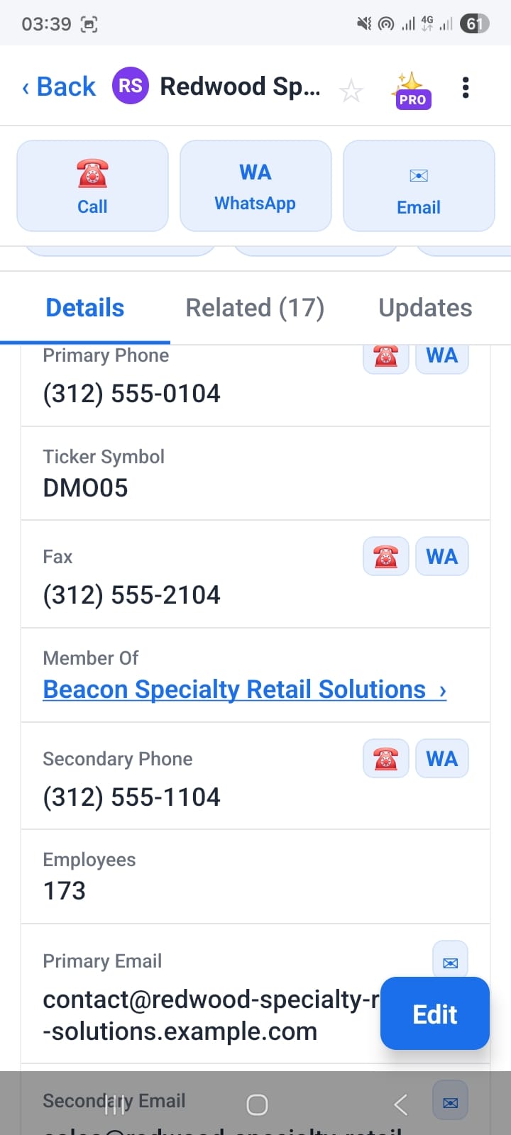 OpenCRMApp Organizations list showing the Related (17) tab and quick action buttons for each organisation