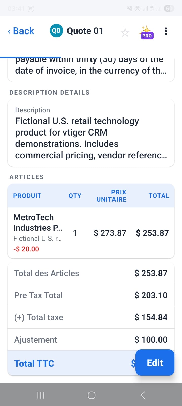 OpenCRMApp quote detail showing the ARTICLES section with MetroTech Industries, Qty 1, price $273.87, and a -$20 discount applied