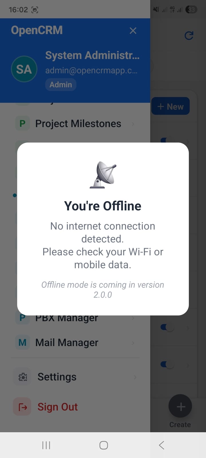 OpenCRMApp offline detection modal showing a satellite-dish emoji, 'You're Offline' heading, 'No internet connection detected. Please check your Wi-Fi or mobile data.' message, and a note that Offline mode is coming in version 2.0.0