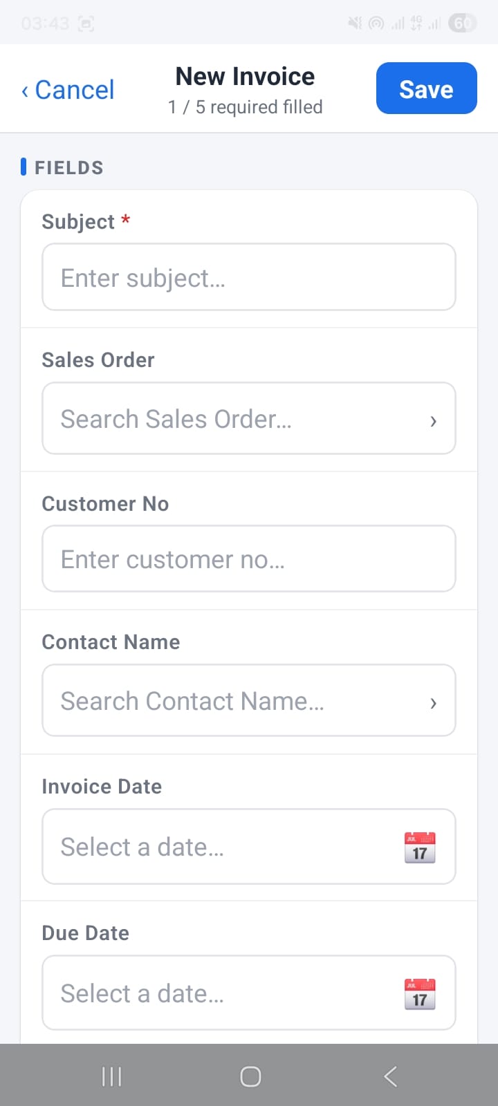 OpenCRMApp New Invoice creation form showing the FIELDS section with Subject marked as required and a 1/5 required filled counter in the header