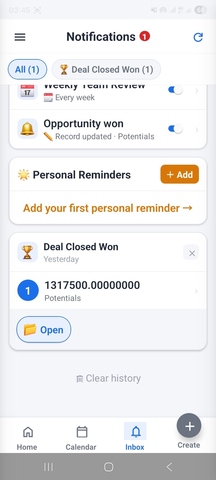 OpenCRMApp Notification Inbox showing the notification history section with a 'Deal Closed Won' notification from yesterday showing a Potentials record and an Open button, plus the Personal Reminders section